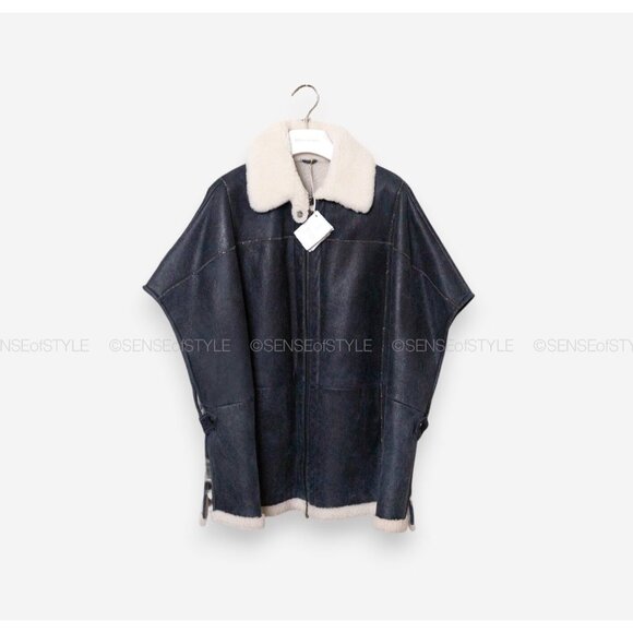 Brunello Cucinelli Shearling Fur Jacket Cape Coat with Monili Poncho Women 40 S - Picture 2 of 9